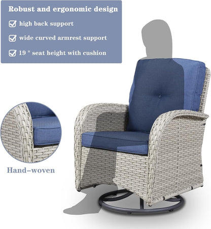Patio Wicker Chairs Swivel Rocker - Outdoor Swivel Rocking Chairs Set of 2 with Rattan Side Table,3 Piece Patio Swivel Glider Chair Furniture Sets for Patio Porch Pool Light Beige/Blue5