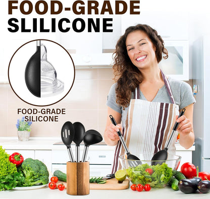 3 Pcs Silicone Cooking Spoon Set, Kitchen Utensils Include Solid & Slotted Spoon, Soup Ladle, Food-Grade Heat Resistant, Non-Scratch Spoons for Serving, Stirring, Draining, Dishwasher Safe, Black5