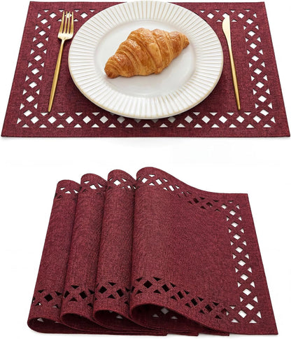Farmhouse Placemats Set of 4, Linen Textured Lattice Cutwork Place Mats for Kitchen Dining Table Decor and Outdoor Party, 12 X 18 Inchs, Red1