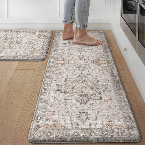 anti Fatigue Kitchen Mats for Floor 2PCS, Standing Rugs,Graytaupe | 17.3"X47"+17.3"X30", Vintage Boho Cushioned Set, Waterproof, Non Slip, Easy-Clean for Home, Laundry,Sink, Office, Farmhouse1