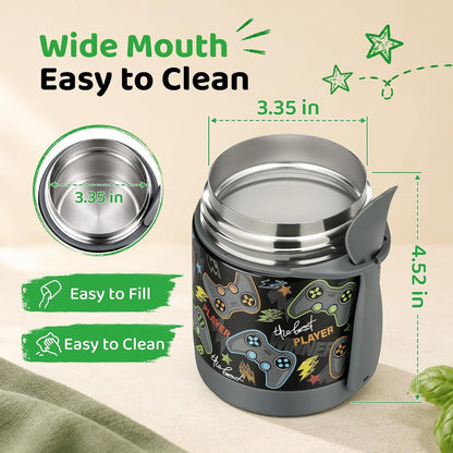 10Oz Soup Thermo for Hot Food Kids Insulated Food Jar,Thermo Hot Food Lunch Container, Width Mouth Stainless Steel Lunch Box for Kids with Spoon (Black-Gamepad)5