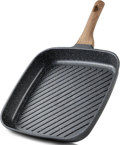 11 Inch Nonstick Grill Pan for Steak, Premium Granite Coating | Square Grill Skillet, Indoor Outdoor RV Camping Use, Gas & Induction Safe, All Stovetops Compatible, PFOA Free, Black1