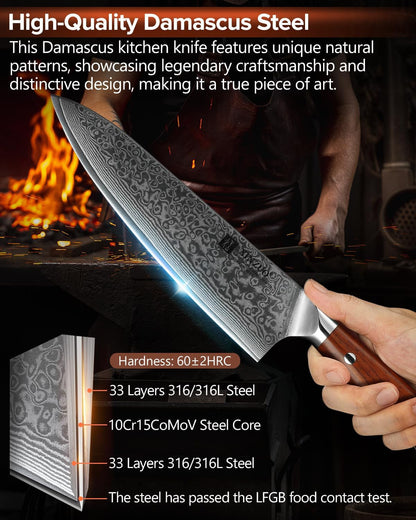 Chef Knife 8.3 Inch, VG-10 Super Stainless Steel Gyuto Knife for Professional Chefs and Home Cooking, Ultra Sharp Kitchen Knife with Rosewood Handle - Yu Series2