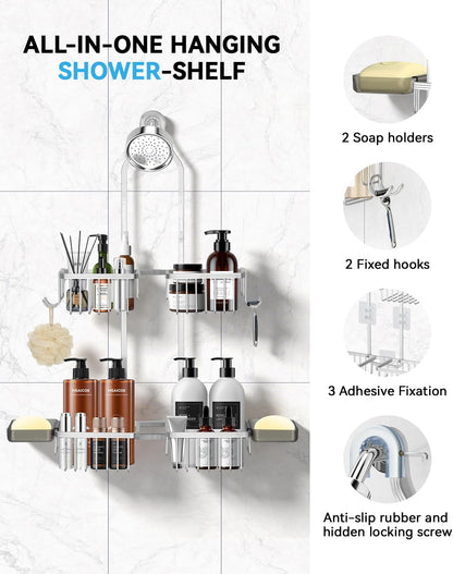 Adjustable Shower Caddy Hanging - Never Rust Shower Organizer Hanging, Aluminum Shower Racks for inside Shower - Bathroom Organizers and Storage with 2 Soap Holders and 2 Removable Hooks, Silver4