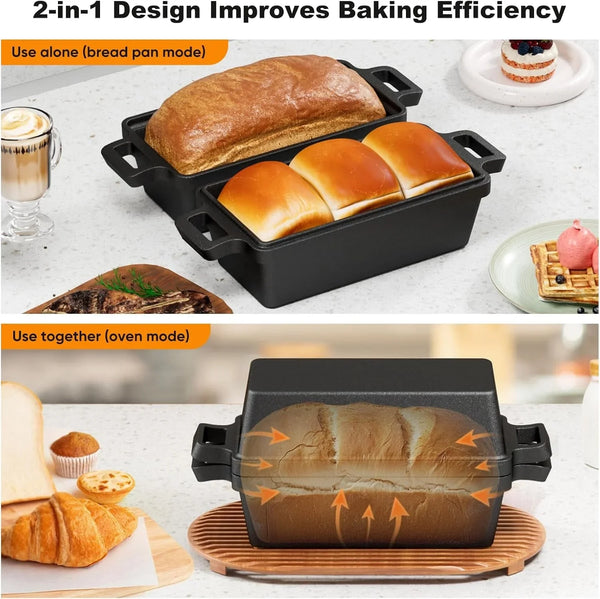 9×5 Inch Cast Iron Loaf Pan with Lid, 2 Pack Bread Pans for Baking | Premium Cast Iron Loaf Pan & Bread Pan Set Evenly Distributes Heat for Crisp Bread Crusts. Multi-Cooker Compatible4