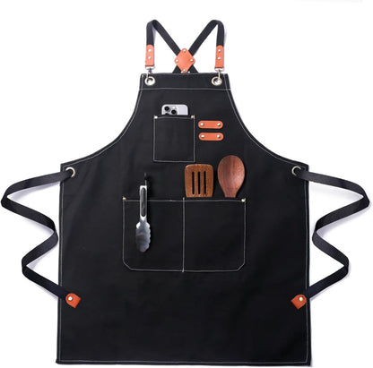 Chef Cotton Canvas Apron for Men Women with Pockets | Cross Back Design-Comfortable Apron for Cooking BBQ Baking Gardening Kitchen Barber Woodworking Grilling Crafting1