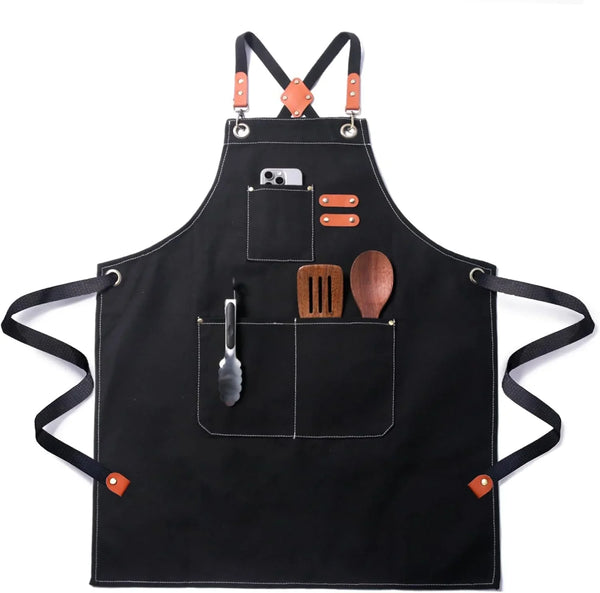 Chef Cotton Canvas Apron for Men Women with Pockets | Cross Back Design-Comfortable Apron for Cooking BBQ Baking Gardening Kitchen Barber Woodworking Grilling Crafting1