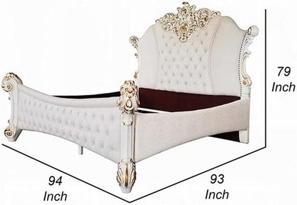 King Size Bed, Ivory Faux Leather Upholstery, Victorian Rococo Carved Wood Frame, Antique Pearl White Finish, Button-Tufted Headboard, Low-Profile Footboard, Regal Master Bedroom3