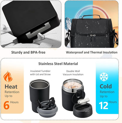 Lunch Box Set with Bento Box Container, 17OZ Stainless Steel Food Soup Thermo, Kids Water Bottle & Portable Insulated Lunch Bag – Leakproof, Hot/Cold Retention for School, Travel (Black)5