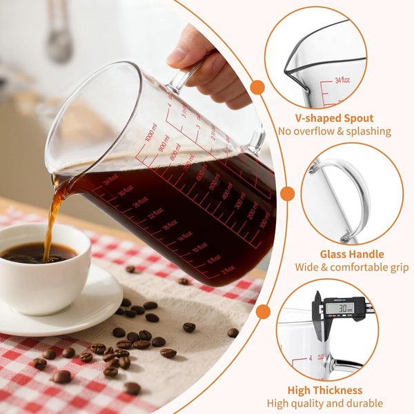 34OZ/1000ML Glass Measuring Cup, 4 Cup Glass Measuring Cups with 3 Scales (Ml/Oz/Cup), High Borosilicate Measuring Cup with Handle and V-Shaped Spout, Dishwasher/Freezer/Microwave Safe4