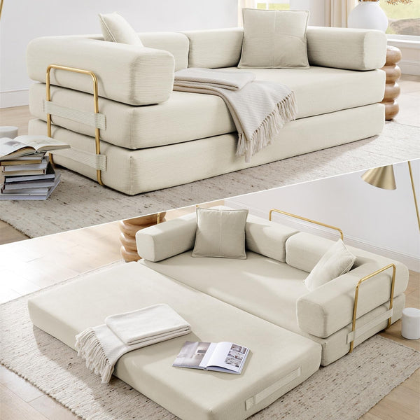 78 Inch Convertible Sleeper Sofa Bed, Folding Floor Mattress Couch with Fixed-Shape Frame, Futon Boneless Couch Lounge Loveseat with Pull Out Bed, No Assembly Required (Beige)1