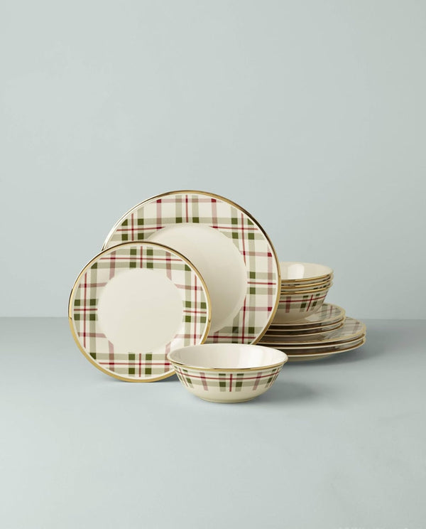 Holiday Plaid Porcelain 12-Piece Christmas Dinnerware Set for 42