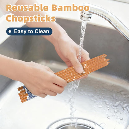 5 Pairs Natural Bamboo Chopsticks Reusable Classic Japanese Style Chop Sticks Gift Sets, Dishwasher Safe, 8.8 Inch/22.5Cm9