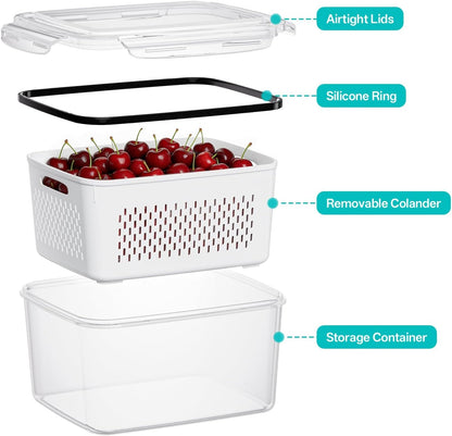 4 Pack Fruit Storage Containers for Fridge Set, Produce Containers for Fridge with Strainer, Plastic Reusable Fridge Organizers and Storage for Berry Salad Lettuce, Size 3.4, 1.8, 0.9, 0.4QT5
