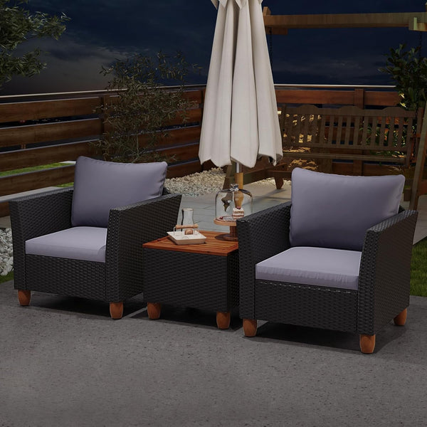 3 Pieces Patio Porch Furniture Set, PE Rattan Wicker Chair Conversation Set with Cushions and Storage Table, Outdoor Acacia Wood Bistro Set for Garden, Poolside (Grey)3