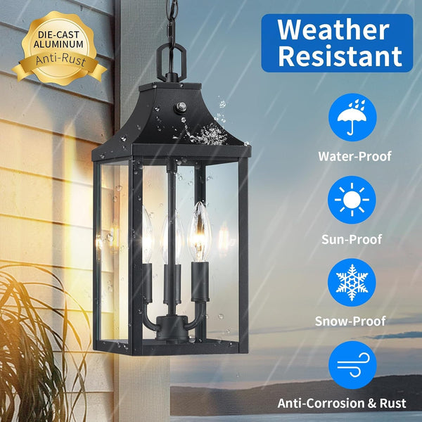 Large Outdoor Pendant Light Fixtures 3-Light, 15'' Dusk to Dawn Exterior Hanging Lantern Porch Light Adjustable, Black Hanging Lamp Farmhouse Exterior Chandelier Ceiling Mount for Entrance Patio3