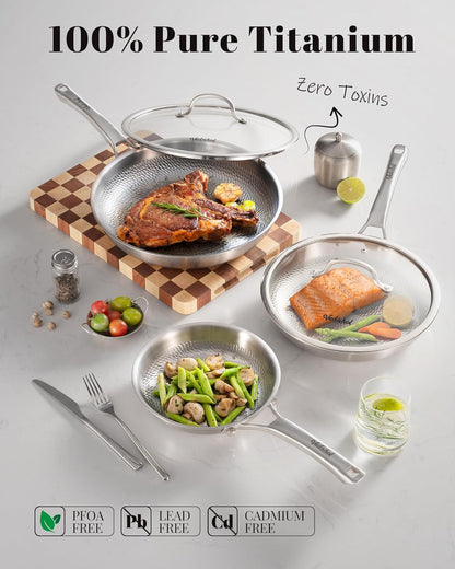 Titanium Pans Set with 2Lids,8+10+12Inch Pure Titanium Hammered Upgarde Pro Non-Toxic Skillet for Cooking, PFAS/PFOA/PTFE Free Cookware, Dishwasher&Oven Safe, Kitchen Induction Compatible2