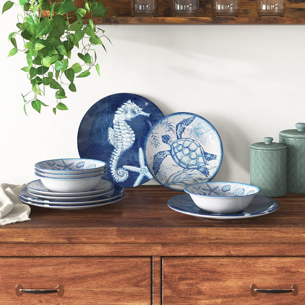 Oceanic 12 Piece Melamine Dinnerware Set, Service for 4, Multi Colored7