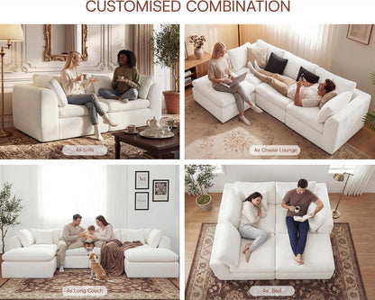 110'' Oversized Boneless Cloud Couch for Living Room, Modern Big Sectional Compressed L Shape Couch with Ottoman, Comfy Chenille Deep Seat Memory Foam Spineless 4 Seater Sofa, Beige4