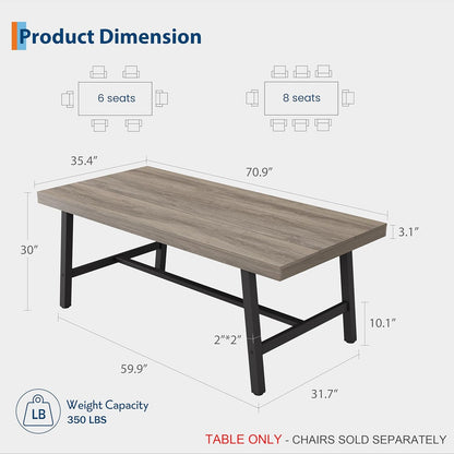 71" Rustic Dining Table, Heavy Duty Kitchen Table, Grey Walnut | Rustic Dining Table 71", Heavy Duty Kitchen Table for 8, Industrial Metal Frame & Waterproof Top2