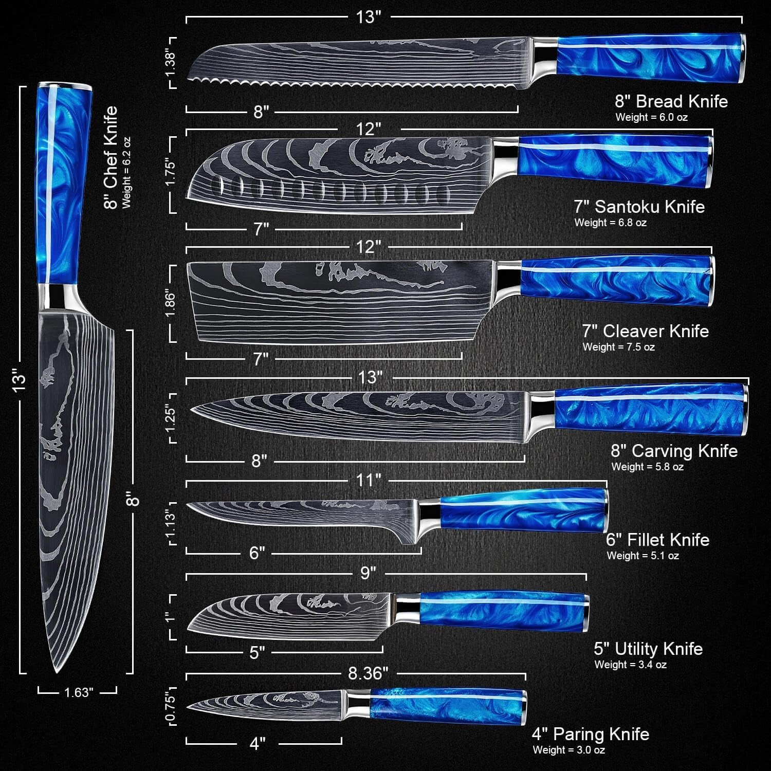 senken-8-piece-japanese-knife-set-blue-resin-handle-laser-damascus-blades-chefs-santoku-bread-paring-knives