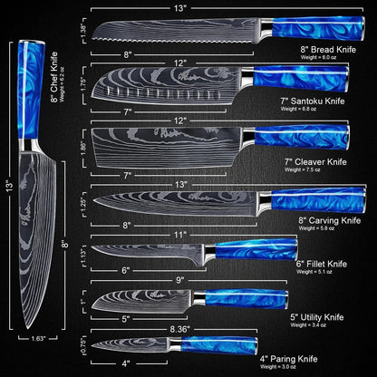 SENKEN 8-Piece Japanese Knife Set - Blue Resin Handle, Laser Damascus Blades - Chef'S, Santoku, Bread & Paring Knives5