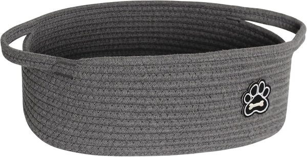 Small Dog Toy Basket, Soft Cotton Rope Dog Cat Toy Bin, Woven Storage Holder for Living Room Nursery, Cats Pet Gift Basket Empty, Decorative Wicker Storage Box with Handle, 13"X 9"X 5" (Grey)1