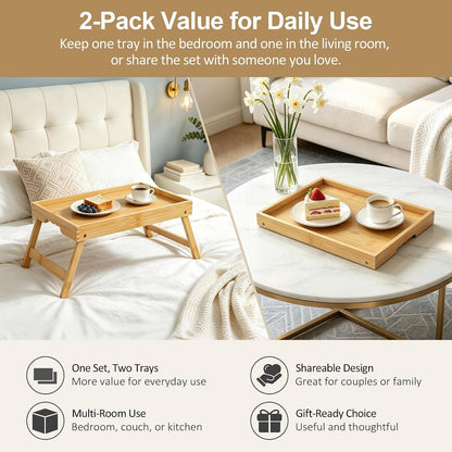 2 Pack Bamboo Bed Tray Tables with Folding Legs, Medium, Natural | Set of 2 Bamboo Bed Trays with Folding Legs and Wave Handles for Meals, Laptops and Serving in Bed or on Sofa.3