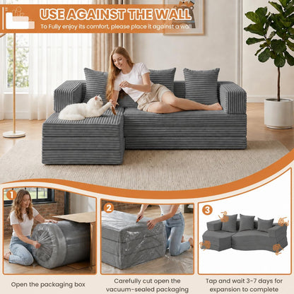 79" Modular Sectional Sofa, Boneless Convertible Sleeper Sofa Bed, Modern Tri-Folding Cloud Couch with L-Shape Chaise, Corduroy Futon for Living Room Small Spaces Apartment, No Assembly,Grey8
