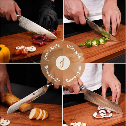 4 Pieces Professional Kitchen Knife Set, Damascus German Stainless Steel Chef Knife Set, 8" Chef Knife, 5" Utility Knife, 8" Bread Knife, 7" Santoku Knife, Gift for Men Women 20 Cm2