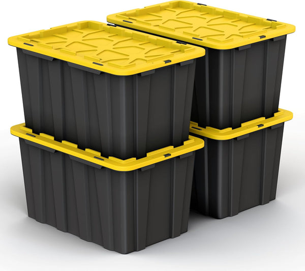4 Pack of Large 17 Gallon Plastic Storage Bin Tote Organizing Container with Secure Latching Lids, Stackable, Extra Strength Clear with Built in Handle - Black and Yellow1