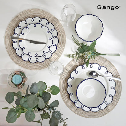 12-Piece Stoneware Dinnerware Set for 4, Glossy White Plates and Bowls Sets with Navy Scalloped Rims, Premium Dish Set, Dishes for Hosting Parties, Birthday & Wedding Gifts, Splash of Cheers9
