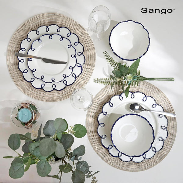 12-Piece Stoneware Dinnerware Set for 4, Glossy White Plates and Bowls Sets with Navy Scalloped Rims, Premium Dish Set, Dishes for Hosting Parties, Birthday & Wedding Gifts, Splash of Cheers9