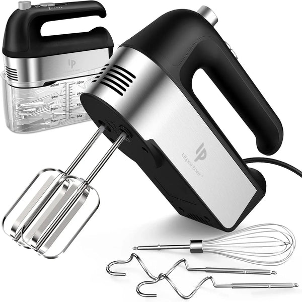 Hand Mixer Electric, 450W Kitchen Mixers with Scale Cup Storage Case, Turbo Boost/Self-Control Speed + 5 Speed + Eject Button + 5 Stainless Steel Accessories, for Easy Whipping Dough, Cream, Black1