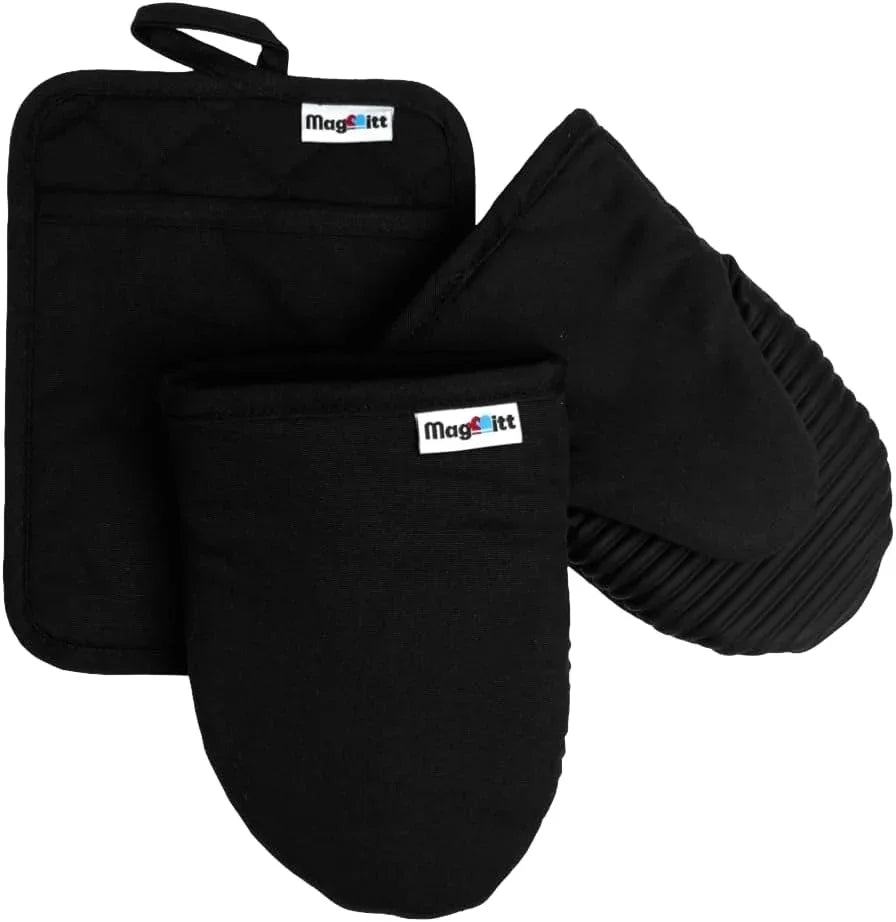 magnetic-oven-mitts-pot-holder-3-pc-set-high-heat-silicone-black-heat-resistant-to-500f-2-mini-mitts-1-hot-pad-magnetic-storage-non-slip-grip-100-machine-washable-premium-cotton