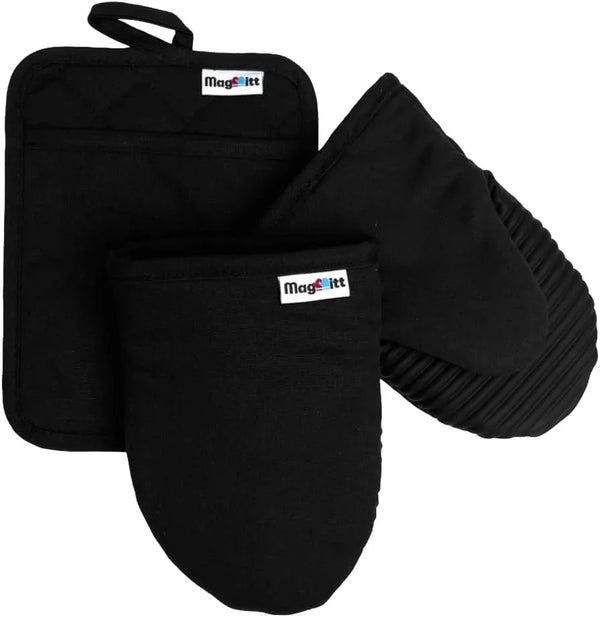 Magnetic Oven Mitts & Pot Holder 3 Pc Set, High Heat Silicone Black | Heat Resistant to 500F, 2 Mini Mitts & 1 Hot Pad, Magnetic Storage, Non-Slip Grip, 100% Machine Washable, Premium Cotton1