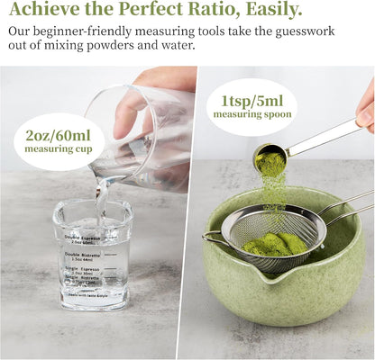 Matcha Whisk Set with Bowl, Ceramic Matcha Making Kit Includes Bamboo Whisk (Chasen), Holder Stand, Powder Starter Sifter, Scoop, Measuring Spoon & Cup Tea Tools for Ceremony (Mottled Green)3