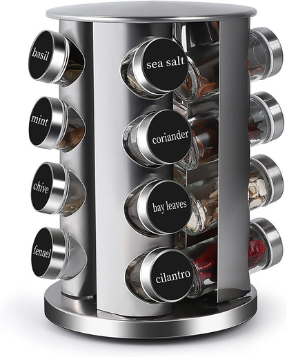 Revolving Countertop Spice Rack Stainless Steel Seasoning Storage Organization,Spice Carousel Tower for Kitchen Set of 16 Jars (16Jars)1