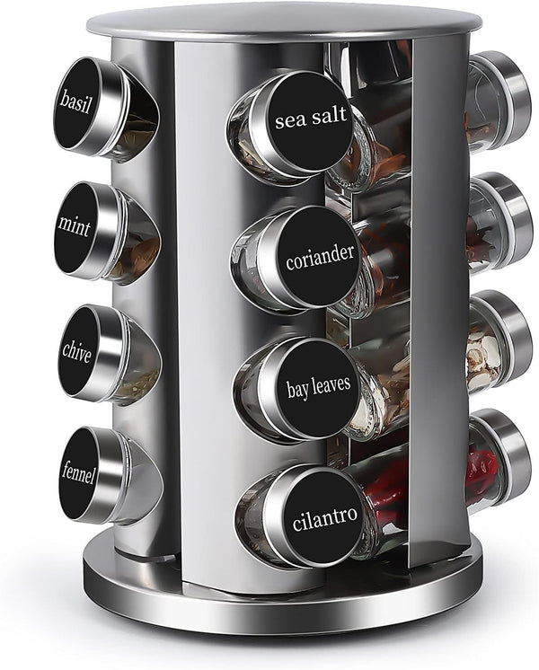 Revolving Countertop Spice Rack Stainless Steel Seasoning Storage Organization,Spice Carousel Tower for Kitchen Set of 16 Jars (16Jars)1