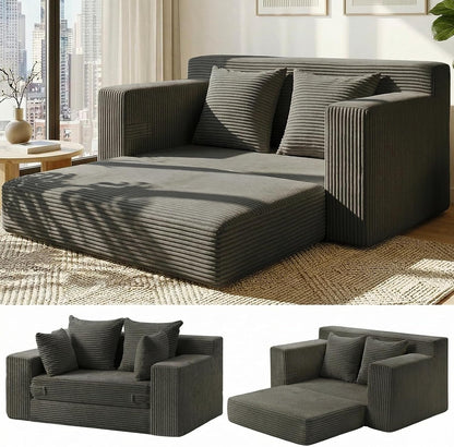56" Boneless Couch, 5-In-1 Boneless Loveseat Sleeper Sofa Bed, Mini Convertible Pull Out Corduroy Futon Couch with Side Pockets & Handle, Folding Floor Sofa Bed with 4 Pillows for Small Space1