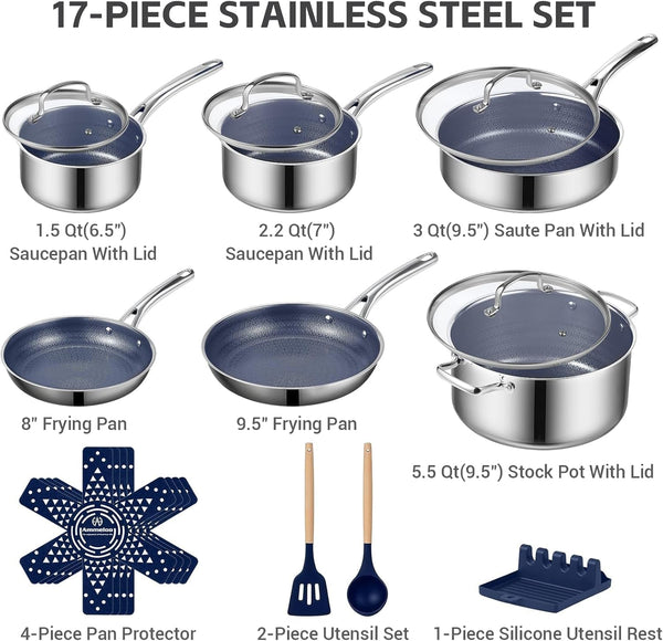 Hybrid Stainless Steel Cookware Set, 17-Piece Tri-Ply Pots and Pans Set Non Stick, Induction Kitchen Cookware Sets, Dishwasher & Oven Safe, PFOA Free, All Cooktops Compatible, Navy Blue3