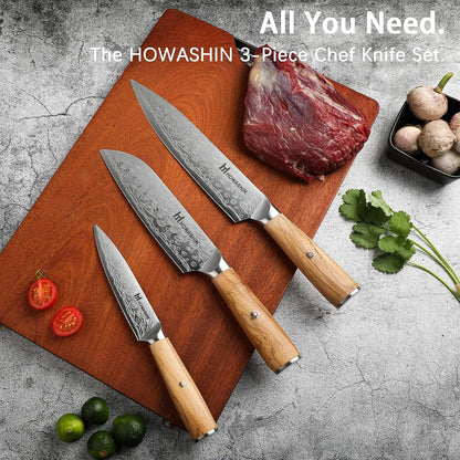 Kitchen Knife Set, Japanese Chef Knife Set Professional Olive Wood | 3 Piece, 5 Inch Utility Knife, Paring Knife, Butcher, Santoku, Sharp Knife, German High Carbon Stainless Steel, No Block, 8In4