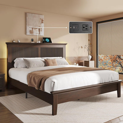 Wood Queen Bed, Solid Wood Bed with Tall Headboard, American Vintage Design, Queen Bed with Charging Station & RGB LED, Wood Slats Support, Noise-Free, Sturdy Structure, Easy Assembly, Walnut1