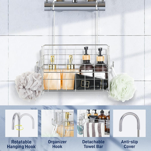 Hanging Shower Organizer, Shower Caddy Hanging, Bathroom Storage Rack with Hooks over the Door, Stainless Steel Rustproof Bathroom Basket Shelf for Bath Faucet or Cross Bar3