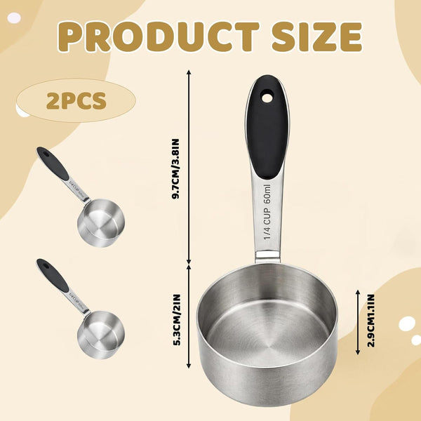2 Pack 1/4 Cup Scoop, Metal Measuring Cups with Stainless Steel Handle and Measurement Markings, Quarter Cup Measuring Scoop Set for Kitchen and Baking Needs, 60 Ml Capacity per Scoop2