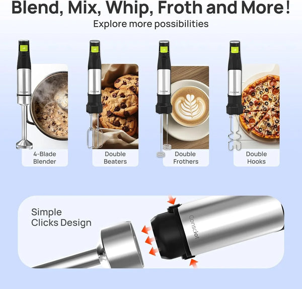 4-In-1 Immersion Blender Handheld Max 1100W, Trigger Speed Control | Corded Stick Emulsifier with Entire Stainless Steel Blender Shaft, for Blending, Beating, Frothing, Mixing & More, Non-Bpa4