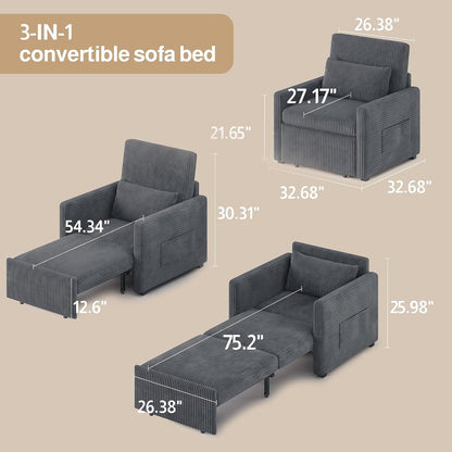 3 in 1 Pull Out Sleeper Chair, 75.2” Corduroy Single Sofa, Dark Gray3