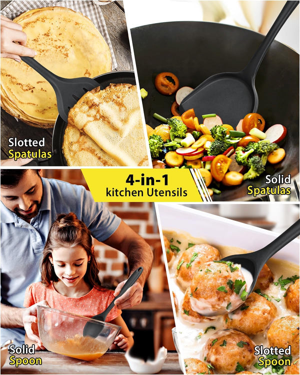 4 Pcs Silicone Kitchen Utensils Set, Wok Spatulas-Slotted Turner-Cooking Spoon-Slotted Spoon, Nonstick BPA Free High Heat Resistant Cooking Utensils for Frying, Mixing, Serving, Draining, Stirring7