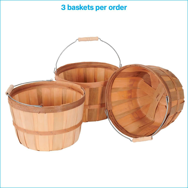 One Peck Basket with Handle - Set of 3 - Natural Unfinished Pine Wood Apple Basket - Durable Bushel Baskets for Produce Display - Ideal for Retail, Thrift, Boutique, Convenience Store,6