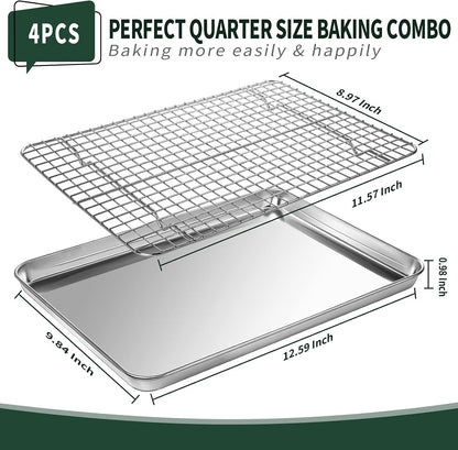 Quarter Sheet Pan with Cooling Rack Set [2 Baking Sheets + 2 Baking Racks],  Stainless Steel Cookie Sheets for Baking and Wire Rack - Rust & Warp Resistant & Nonstick, Size 12 X 9.8 X 1 Inch2
